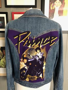 Custom Unique Up-Cycled Prince Zip Front Denim Jacket Women's Size Xl Fitted Graphic Print Biker Jacket, Fitted Biker Jacket With Graphic Print, Fitted Casual Biker Jacket With Graphic Print, Casual Fitted Biker Jacket With Graphic Print, Diy Jean Jacket Ideas, Punk Denim Jacket, Purple Rain Prince, Jean Jacket Design, Punk Denim