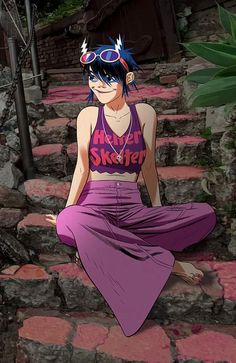 an anime character sitting on some steps