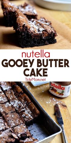 nutella gooey butter cake is cut into squares and placed on a cutting board