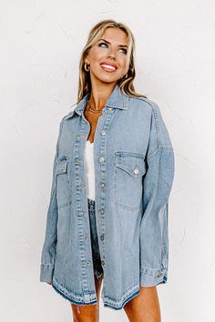 - Worn solo or layered, this trendy top will keep you looking stylish! - Unlined non-stretch denim material - A collared neckline - Button up front - Long, loose sleeves with button closure cuffs - Functional chest pockets - A relaxed silhouette that ends in a rounded unfinished hemline Measurements S : Bust 52", Hip 52", Length 29.5", Sleeve Length 19", Waist 52". M : Bust 54", Hip 54", Length 30", Sleeve Length 19.5", Waist 54". L : Bust 56", Hip 56", Length 31", Sleeve Length 20", Waist 56". Loose Sleeves, Trendy Top, Denim Material, Women Clothing Boutique, Trendy Tops, Hip Length, High Waisted Shorts, Online Womens Clothing, Boutique Clothing