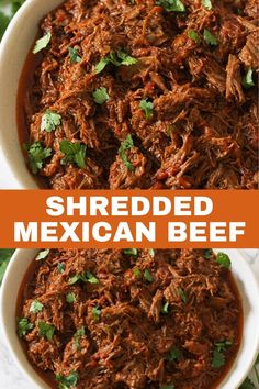 shredded mexican beef in a white bowl with cilantro garnish on top