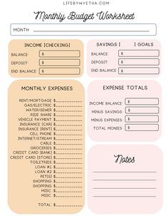 the printable budget worksheet is shown in pink and beige, with text that reads