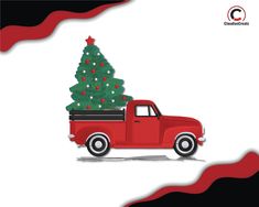 a red truck with a christmas tree in the back