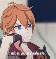 an anime character with red hair and blue eyes looks at the camera while text reads judges you in seznaya