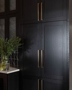 a kitchen with black cabinets and white counter tops, gold handles on the doors is shown