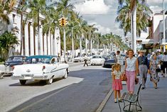 people walking down the street in front of cars and palm trees on a sunny day