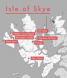 the isle of skye is shown in red and white, with several locations marked on it