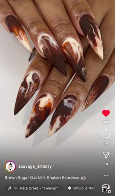 Brown Cute Acrylic Nails, Chocolate Nails Acrylic, Brown Marble Nails Design, Brown Polygel Nails, Fall Nails Brown And Gold, Nail Art Designs Brown, Brown Marble Nails Almond, White And Gold Marble Nails, Punk Nails Acrylic