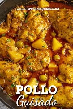 chicken and pineapple stew in a skillet with the words poloo gusado above it