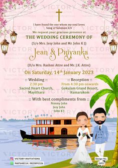 the wedding ceremony card is designed to look like a boat with a bride and groom on it