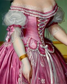 a painting of a woman in a pink dress with white trim and gold bracelets