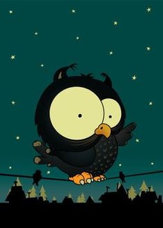 an owl sitting on top of a power line with the moon in the sky behind it