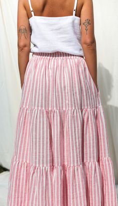 Maxi Striped Linen Tiered Skirt With Elasticated Waist OFFON | Etsy Striped Skirt Outfit, Linen Bottoms, Linen Fashion, Womens Skirts, Ruffled Skirt, Multi Pattern, Sewing Skirts, Beautiful Skirts, Stripe Skirt