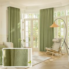 a living room filled with furniture and green curtains