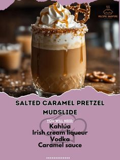 Salted Caramel Pretzel Mudslide: Combine vodka, Kahl\xc3\xbaa, Irish cream liqueur, caramel sauce, and ice cubes in a blender and blend until smooth. Rim a glass with caramel sauce and dip into crushed pretzels. Pour blend into the prepared glass. Garnish with whipped cream and caramel drizzle. A sweet, salty, and creamy delight for a tasty treat with friends! #SugarAndSaltLove #CaramelAffair Bartender Drinks Recipes, Salted Caramel Pretzels, Salted Carmel, Caramel Vodka, Bartender Drinks, Perfect Dinner Party, Cocktail Party Food, Caramel Pretzels, Caramel Drizzle