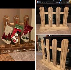 three pictures of christmas stockings in wooden slats