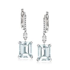 Ross-Simons - 6.25ct t. w. Aquamarine Drop Earrings in .27ct t. w. Diamonds in 14kt White Gold. Whether you're looking for lighthearted gemstone color or a special March birthstone style, our glamorous 6.25 ct. t. w. emerald-cut aquamarine drop earrings are a stunning choice by all accounts. Sparked with .27 ct. t. w. round brilliant-cut diamonds and set in polished 14kt white gold. Hanging length is 1". Hinged post, diamond and aquamarine drop earrings. Aquamarine birthstones are the perfect gi Formal Platinum Baguette-cut Earrings, Formal Platinum Baguette Cut Earrings, Formal Baguette Cut Platinum Earrings, Gia Certified Drop Diamond Earrings For Formal Occasions, Gia Certified Diamond Earrings For Formal Events, White Gold Baguette Cut Earrings For Formal Events, Gia Certified Formal Drop Earrings, Formal Baguette-cut Earrings With Diamond Accents, Formal Baguette Cut Earrings With Diamond Accents