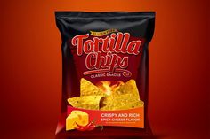 a bag of tortilla chips sitting on top of a red background with the words, crispy and rich spicy cheese flavor