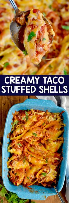 two pictures with different types of taco shells in them and the words creamy taco stuffed shells