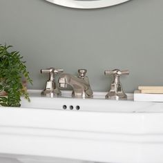 three faucets sitting on top of a white sink next to a green plant