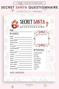 the secret santa quiz game is shown on a pink background