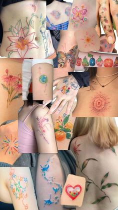 many different tattoos on the back of women's bodies, including flowers and butterflies