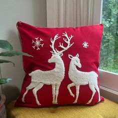 Red and White Winter Deer White Pillow Cover, Winter Deer, White Pillow Covers, Winter Szenen, Embroidered Throw Pillows, Embroidered Pillow Covers, Festive Holiday Decor, Deer Design, Rustic Holiday