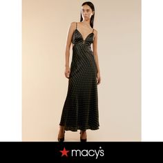 in stock Black Maxi Dress For Summer Nights, Black Summer Maxi Dress For Night, Chic Polka Dot Maxi Dress For Evening, Chic Maxi Length Night Dress, Chic Maxi Dresses For Night, Chic Night Maxi Dress, Black V-neck Maxi Dress For Night, Black Midi Dress For Spring Night, Slip Maxi Dress