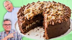 a man is surprised by a chocolate cake with one slice cut out and the other half eaten