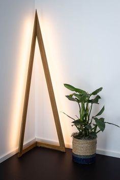 a potted plant sitting next to a wooden triangle shaped light fixture on a wall