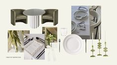 a collage of white and green dining room decor