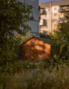 an old building in the middle of some trees and bushes with buildings in the background