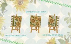 three sunflowers painted on an easel in front of a floral background