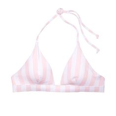 Nwt Size: M Color: Pink And White Striped Lightly Lined With Removable Padding Wireless Adjustable Tie Halter Strap Back G-Hook Closure Logo Charm Accents Hand Wash Imported White Triangle Top Bra Friendly, White Halter Top For Poolside Spring, White Halter Top For Spring Poolside, White Triangle Top With Bra Friendly Design, White Triangle Top With Bra-friendly Design, White Triangle Top For Poolside, White Triangle Top Feminine Swimwear, White Feminine Triangle Top Swimwear, Victoria's Secret White Casual Swimwear