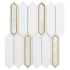 six white and gold hexagonal tiles with lines in the middle, all lined up against one another