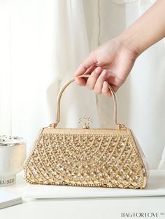 BagForLove - Stylish Rhinestone-embellished Top Handle Bag Gold Evening Bag With Pearl Handle For Reception, Rectangular Rhinestone Bags For Wedding Guests, Event Bag Adorned With Rhinestones, Embellished Bags For Weddings, Luxury Embellished Bags For Wedding Guests, Embellished Bags For Wedding, Embellished Bags For Wedding Guests, Embellished Shoulder Bag For Wedding, Glamorous Embellished Shoulder Bag For Wedding