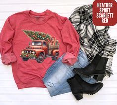 Vintage Red Truck Christmas Sweatshirt with Gorgeous Decorated Tree - Winter Country Scene Introducing our charming vintage red truck with a Christmas tree sweatshirt, perfect for adding a festive touch to your winter wardrobe! This cozy sweatshirt features a beautifully decorated old red truck with a Christmas tree sticking out of the back, complete with garland and bulbs for a gorgeous holiday look. The scene is set in a winter country setting, making this unique sweatshirt a delightful choice Red Christmas Holiday Sweatshirt, Red Holiday Sweatshirt For Winter, Red Cotton Christmas Sweatshirt, Family Sweaters, Old Red Truck, Family Sweater, Red Truck Christmas, Christmas Red Truck, Vintage Red Truck