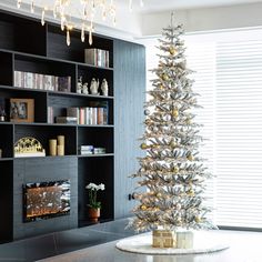 a living room with a christmas tree in the corner and a bookcase behind it