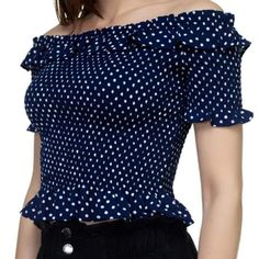 100% Polyester Woven Smocked Top Ruffle Off The Shoulder Neckline That Fall Into Short Sleeve Small Ruffle Flounce Layer Cropped Ruffle Hem Color: Navy Casual Off-shoulder Ruffle Tops, Short Sleeve Smocked Top With Ruffles For Vacation, Ruffled Smocked Short Sleeve Top For Vacation, Casual Smocked Top With Ruffles, Ruffled Smocked Top With Short Sleeves For Vacation, Casual Off-shoulder Blouse With Ruffles, Casual Off-shoulder Smocked Top For Summer, Summer Off-shoulder Smocked Top With Ruffles, Casual Off-shoulder Smocked Top