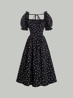 Puff Sleeve Floral Print Dress Black Boho  Short Sleeve Fabric Plants,All Over Print A Line Non-Stretch  Women Clothing, size features are:Bust: ,Length: ,Sleeve Length: Cute Formal Dresses, Black Boho, Floral Print Maxi Dress, Women Maxi, 70 Dress, Women Long Dresses, Day Dress, Long Dresses, Autumn Day