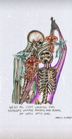 a drawing of two skeletons holding each other