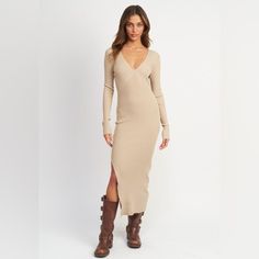 A Solid Ribbed Fitted Maxi Dress Featuring Long Sleeves, A Side Slit And A V-Neckline. Emory Park By Pinkblush New With Tags Inventory #P9093 Dress With V Neck, Pink Sweater Dress, Rib Dress, Timeless Dress, Ribbed Dress, Knitted Bodycon Dress, Ribbed Midi Dress, Ribbed Dresses, Ribbed Knit Sweater