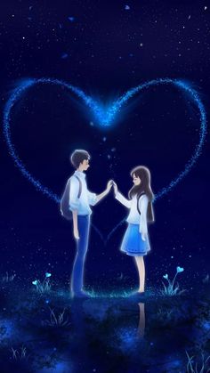 two people holding hands in front of a heart shaped sky with stars and butterflies on it