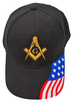 Black Masonic Veteran Embroidered Baseball Cap with American Flag design on the bill. Gold Mason emblem. Cool hat to wear to your Lodge or anywhere. Attractive and eye-catching. One size to fit many men with adjustable strap. Sporty and good looking. Can also be used while fishing, boating or other outdoor activity. Great conversation starters with current or future Brothers. Makes a fantastic gift for you or for another Mason or Shriner. Black Patriotic Adjustable Baseball Cap, Black Adjustable Patriotic Baseball Cap, Adjustable Black Patriotic Trucker Hat, Prince Hall Mason, Freemason Symbol, Cool Hat, Masonic Symbols, American Flag Design, Logo Hat