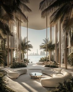 a living room filled with lots of palm trees next to tall buildings and ocean view