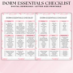 the printable dorm essentials checklist is shown on top of a pink background