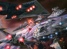 a group of star wars ships flying through the air with red lights on their wings