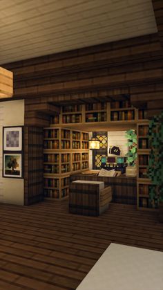 a room with bookshelves and pictures on the wall