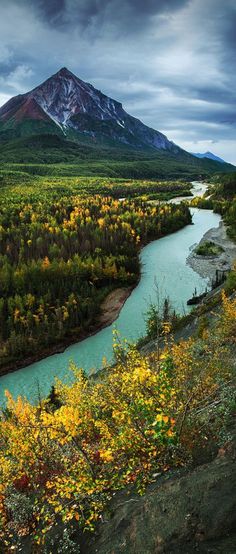 a river running through a lush green forest next to a tall mountain covered in snow