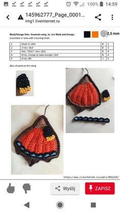 the crochet pattern is shown in red, black and yellow colors with an orange butterfly on it